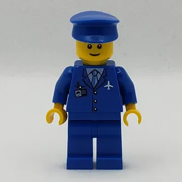 Pilot, Blue Jacket with Plane Logo and Blue Tie, Blue Legs, Blue Hat, Smile, Reddish Brown Eyebrows