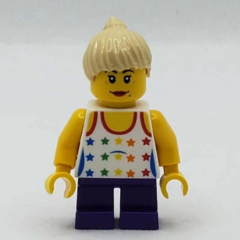 Girl, Tank Top with Rainbow Colored Stars, Short Dark Purple Legs, Tan Hair