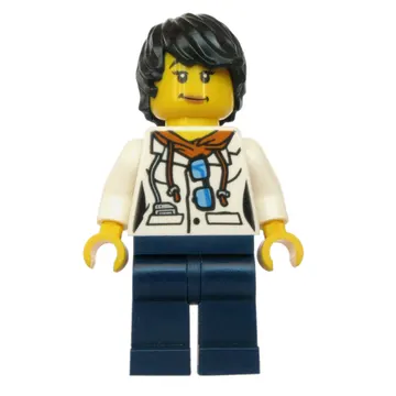 Scientist, Woman, White Jacket over Hoodie with Sunglasses, Dark Blue Legs, Black Hair