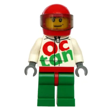Racer, White and Green Jumpsuit with Large 'Octan', Red Helmet with Visor, Stubble