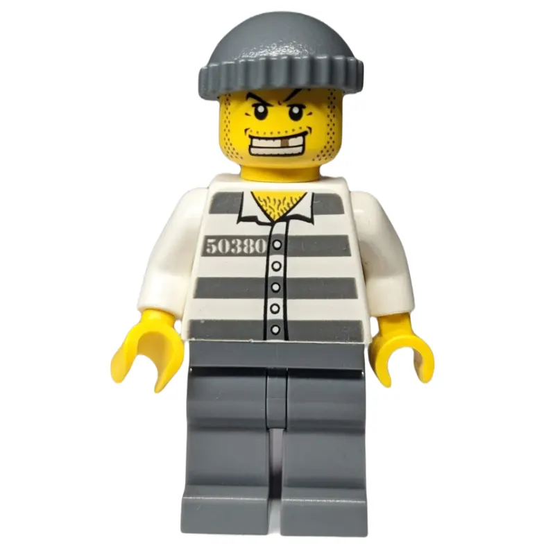Criminal, Prison Shirt with #50380, Dark Bluish Gray Legs, Dark Bluish Gray Hat, Gold Tooth