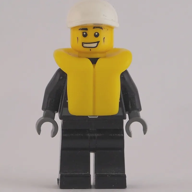 Policeman, Black Jacket with Zipper, Radio, Badge, and 'POLICE' on Back, White Cap, Yellow Life Vest