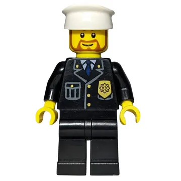 Policeman, Black Suit with Badge, White Hat, Brown Beard