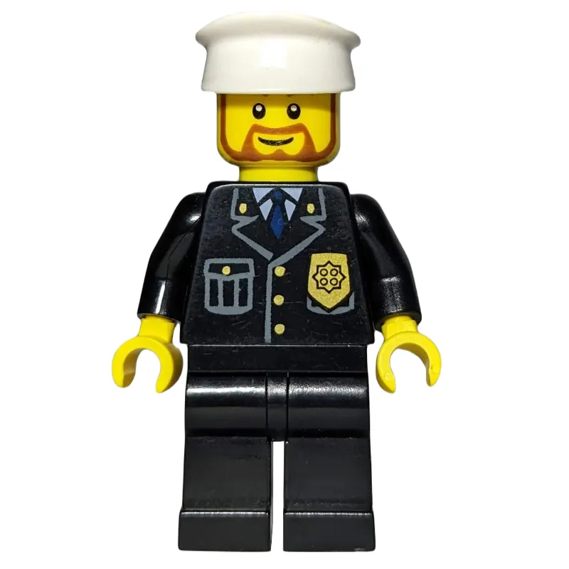 Policeman, Black Suit with Badge, White Hat, Brown Beard