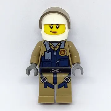 Policewoman, Dark Blue Vest over Dark Tan Jacket with Zipper and Badge, White Helmet with Visor