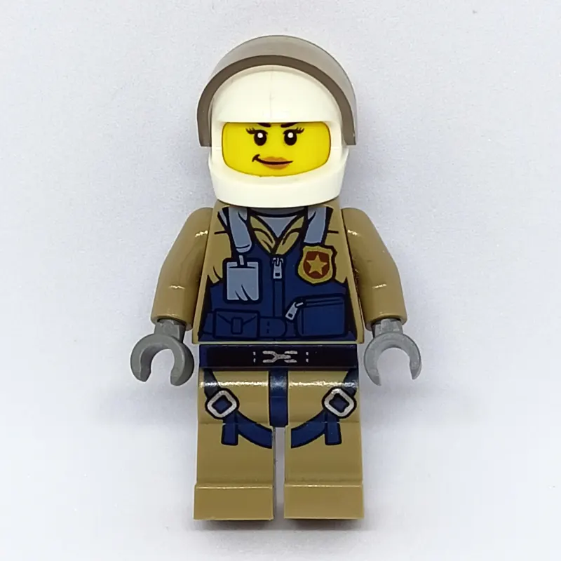Policewoman, Dark Blue Vest over Dark Tan Jacket with Zipper and Badge, White Helmet with Visor