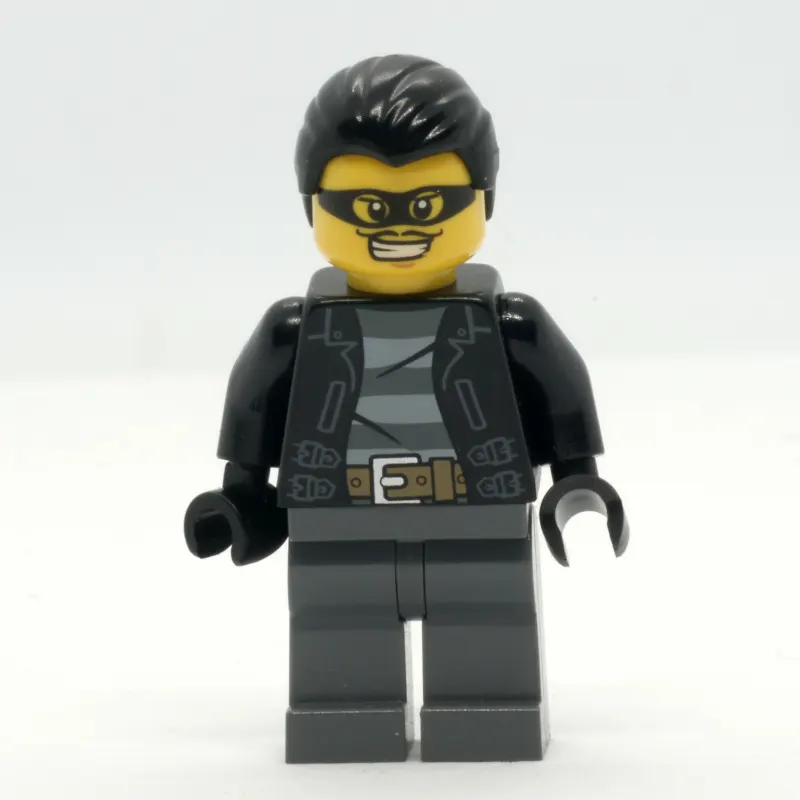 Criminal, Open Black Jacket over Prison Shirt, Dark Bluish Grey Legs, Black Hair, Black Eyemask