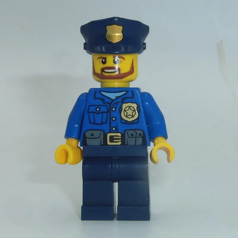 Policeman, Blue Shirt with Badge and Pouches, Dark Blue Legs, Dark Blue Police Hat with Badge, Beard