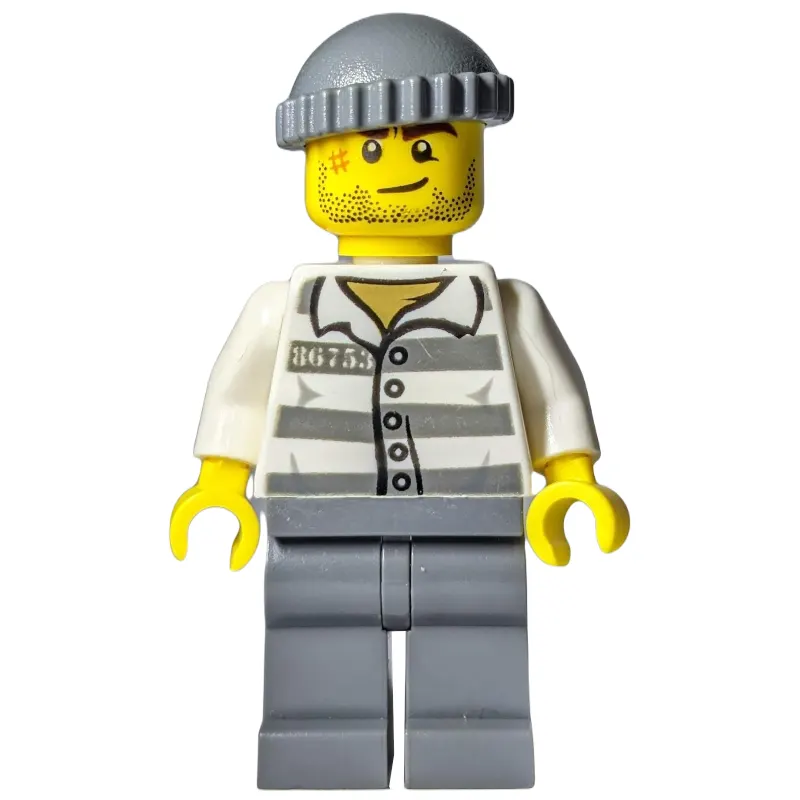Criminal, Prison Shirt with #86753, Dark Bluish Gray Legs, Dark Bluish Gray Hat, Stubble and Scar