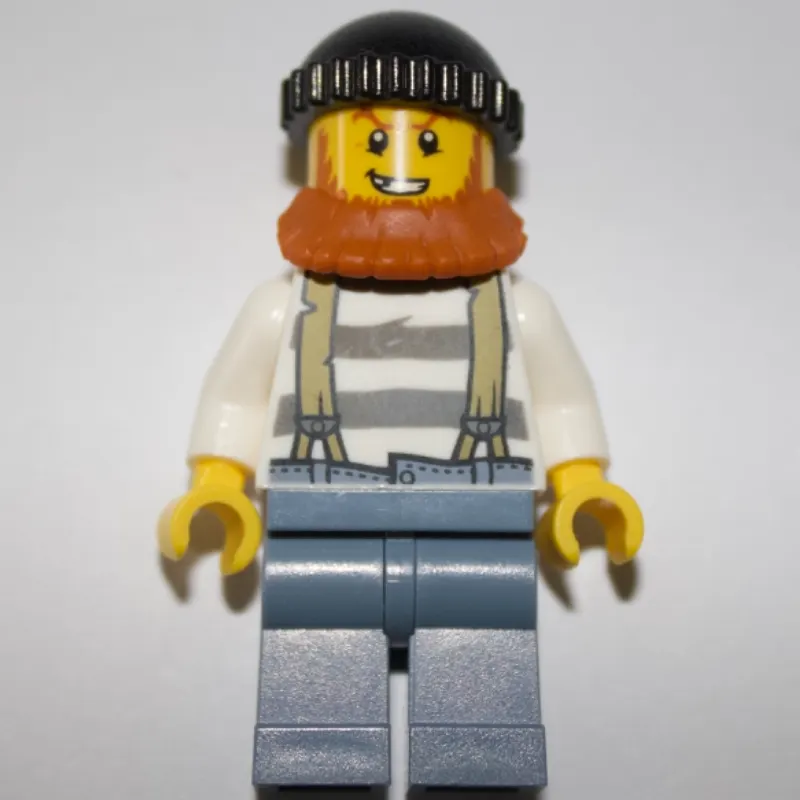 Criminal, Prison Shirt with Suspenders, Black Hat, Dark Orange Beard