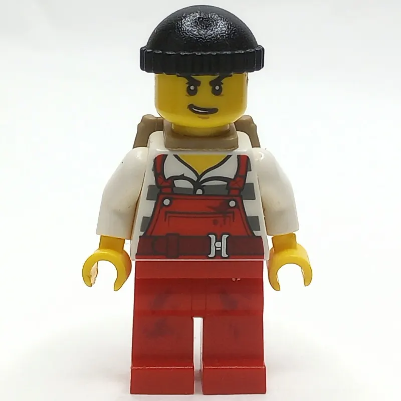 Criminal Joe Frankfurter, Red Overalls over Prison Shirt, Black Hat, Dark Tan Backpack