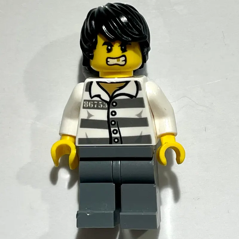 Criminal, Prison Shirt with #86753, Dark Bluish Gray Legs, Black Hair, Gold Tooth