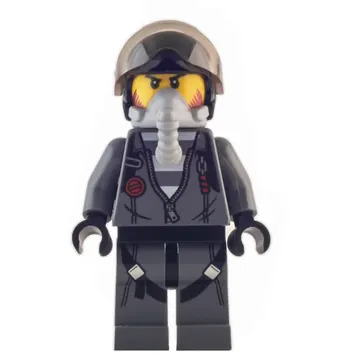 Criminal, Open Dark Bluish Gray Jacket with Zipper over Prison Shirt, Black Helmet with Visor, Breathing Apparatus