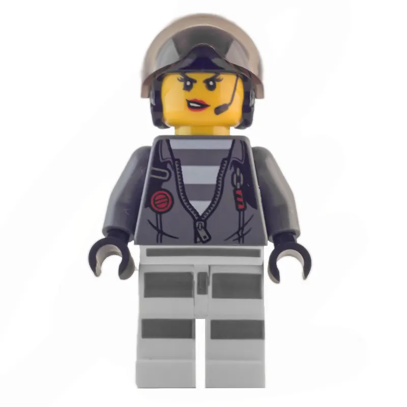 Criminal, Woman, Open Dark Bluish Gray Jacket with Zipper over Prison Shirt, Black Helmet with Visor