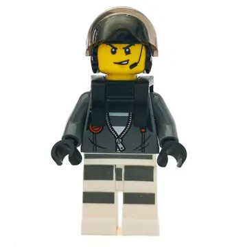 Criminal, Open Dark Bluish Gray Jacket with Zipper over Prison Shirt, Black Helmet with Visor, Neck Bracket, Headset
