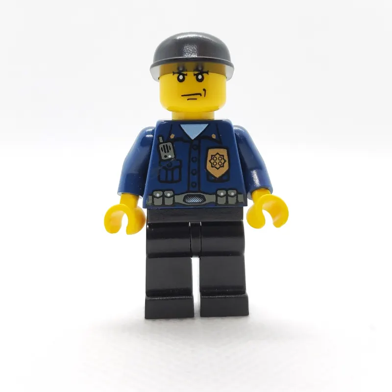 Policeman, Dark Blue Shirt with Radio and Badge, Black Legs, Black Cap