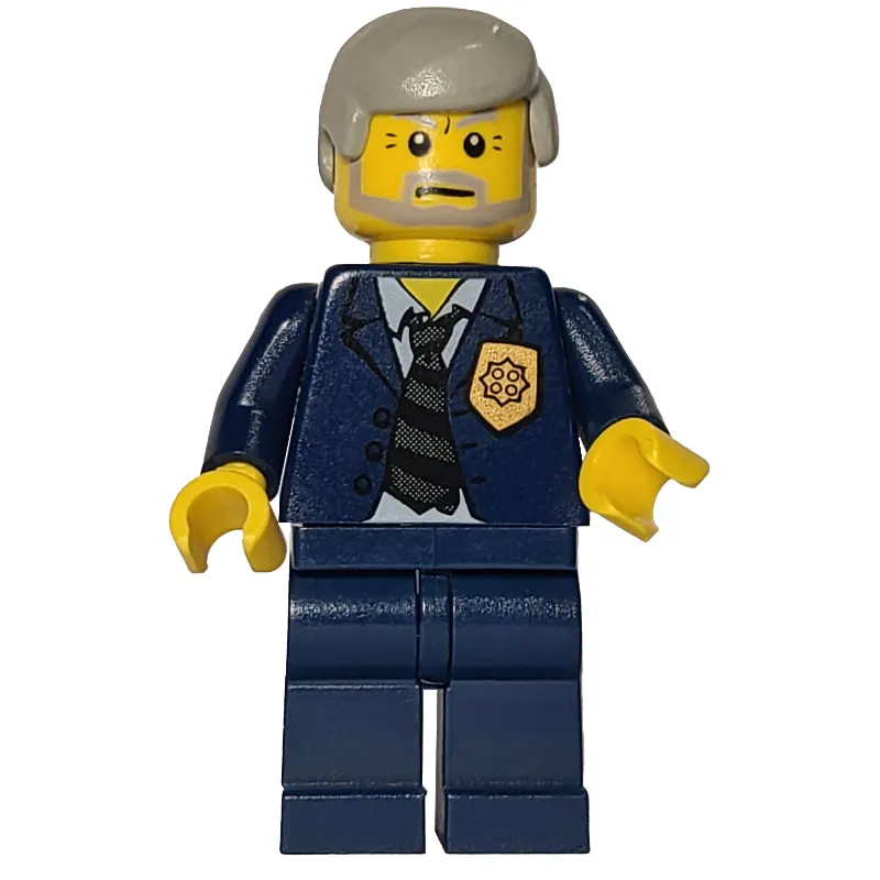 Policeman, Dark Blue Suit with Tie and Badge, Light Gray Hair, Beard