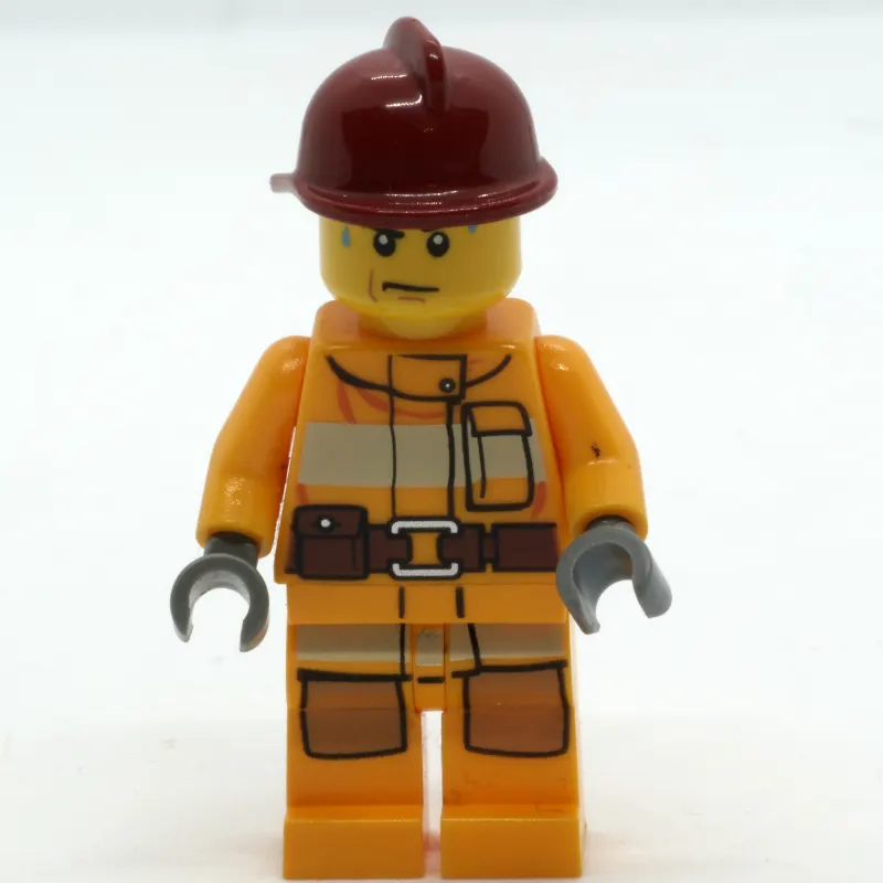 Fireman, Bright Light Orange Fire Suit, Dark Red Helmet, Sweat Drops