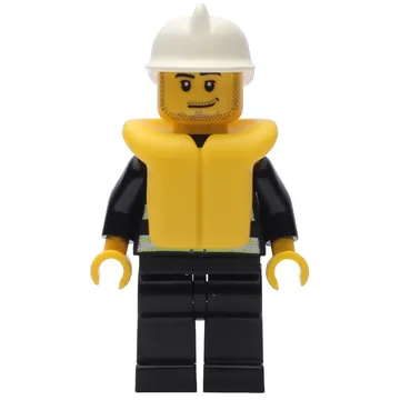 Fireman, Black Fire Jacket with Reflective Stripes, Radio, and Badge, White Helmet, Yellow Life Vest 2610, Stubble