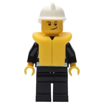 Fireman, Black Fire Jacket with Reflective Stripes, Radio, and Badge, White Helmet, Yellow Life Vest 2610