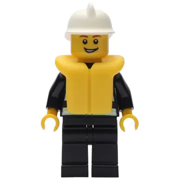 Fireman, Black Fire Jacket with Reflective Stripes, Radio, and Badge, White Helmet, Yellow Life Vest 2610, Open Mouth