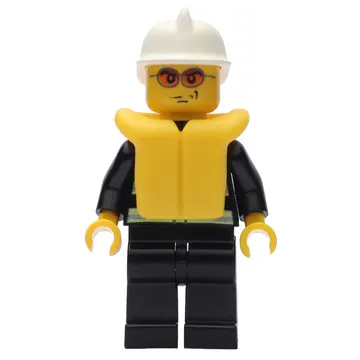 Fireman, Black Fire Jacket with Reflective Stripes, Radio, and Badge, White Helmet, Yellow Life Vest, Orange Sunglasses