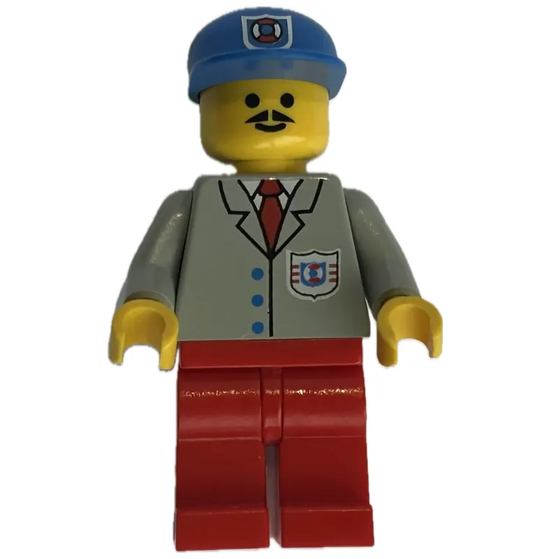 Coast Guard, Light Gray Shirt with Red Tie and Badge, Blue Cap with Badge, Moustache