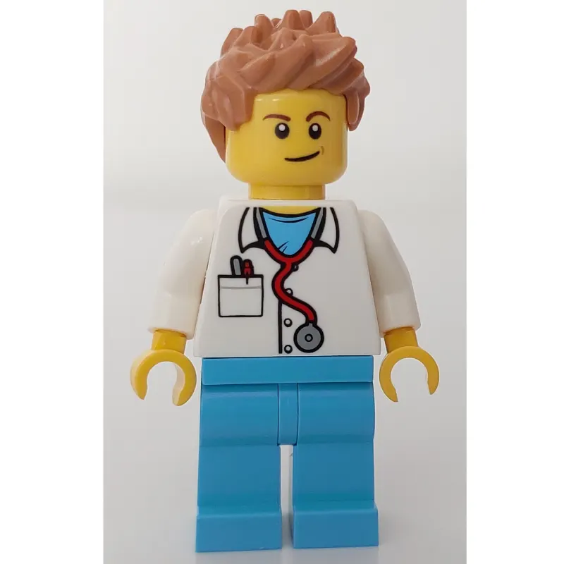 Doctor Mack, White Shirt over Medium Azure Scrubs with Stethoscope and Pocket, Medium Nougat Hair