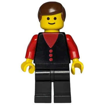 Man, Black Vest over Red Shirt, Black Legs, Brown Hair
