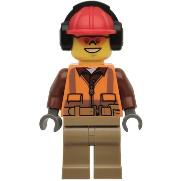 Construction Worker Rob, Orange Safety Vest with Zipper over Reddish Brown Shirt, Dark Tan Legs, Red Hard Hat with Ear Defenders, Orange Safety Glasses