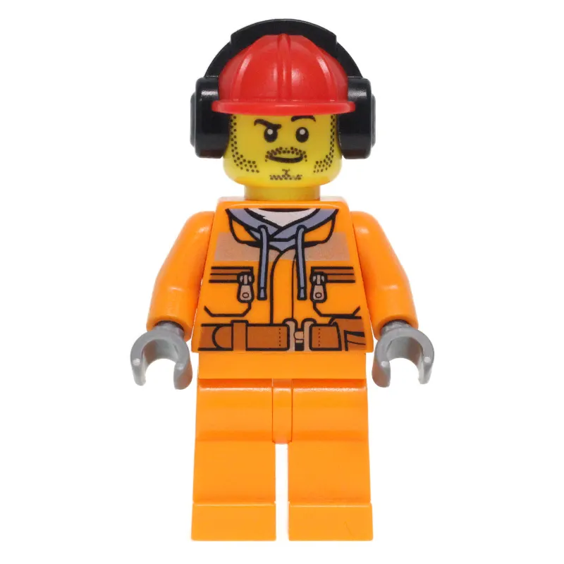Construction Worker, Safety Jacket over Hoodie with Belt, Orange Legs, Red Hard Hat with Ear Defenders, Stubble