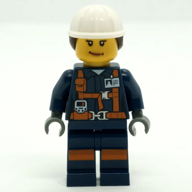 Miner, Woman, Dark Blue Jacket with Straps and ID Badge, White Hard Hat with Hair