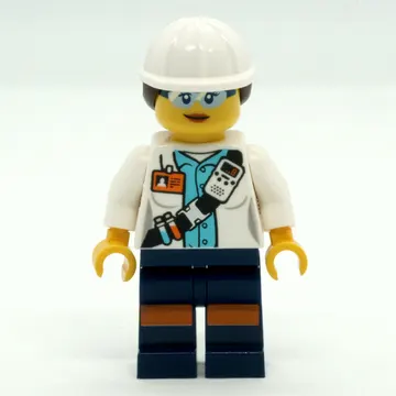 Miner, Woman, Open White Jacket with Shoulder Belt and ID Badge, White Hard Hat with Hair, Safety Glasses