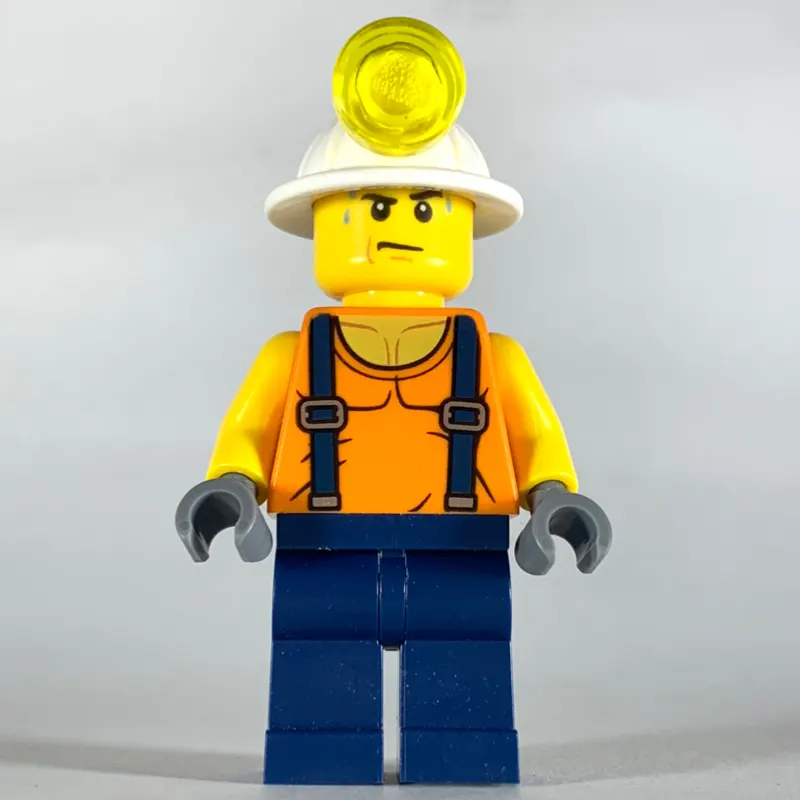 Miner, Orange Vest with Suspenders, Mining Hat, Sweat Drops