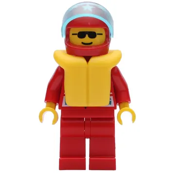 Racer, Red Jacket with Octan Logo and 'RACING', Red Legs, Red Helmet with Star and Visor, Yellow Life Vest, Sunglasses