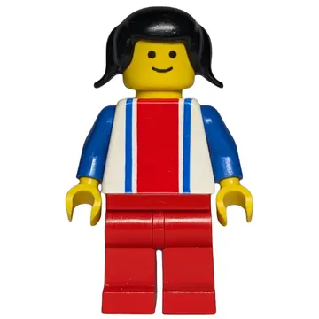 Woman, White Top with Large Red Stripe and 2 Blue Stripes, Red Legs, Black Hair
