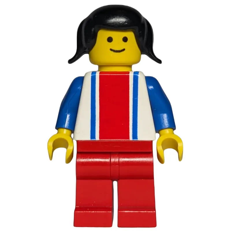 Woman, White Top with Large Red Stripe and 2 Blue Stripes, Red Legs, Black Hair