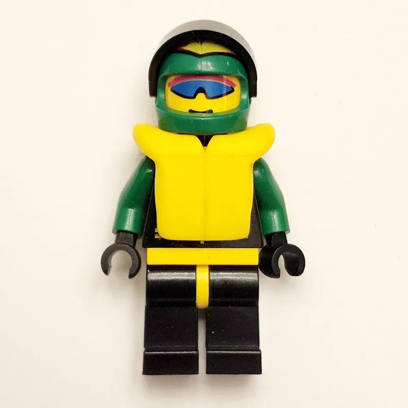 Racer, Extreme Team, Black Jacket, Black Legs, Green Helmet with Visor, Yellow Life Vest, Blue Sunglasses