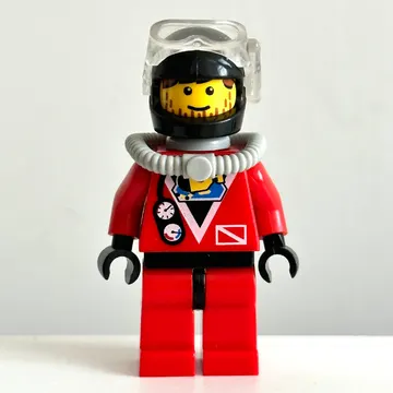Diver, Man, Red Wetsuit, Black Helmet with Mask, Airtank, Stubble