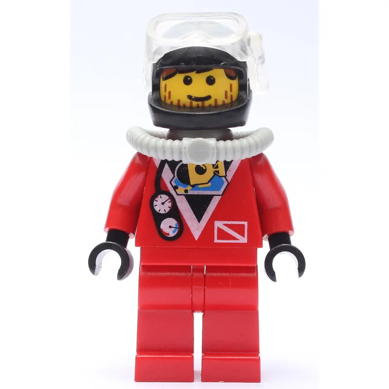 Diver, Man, Red Wetsuit, Black Helmet with Mask, Airtank, Stubble