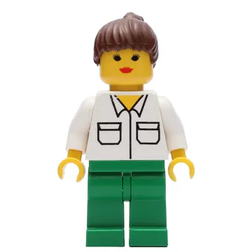 Woman, White Shirt with Pockets, Green Legs, Brown Hair