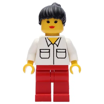 Woman, White Shirt with Pockets, Red Legs, Black Hair