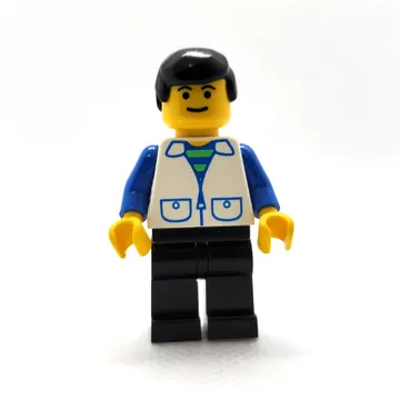 Man, Open White Vest over Blue and Green Striped Shirt, Black Legs, Black Hair
