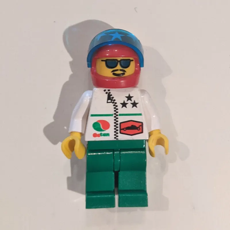 Racer, White Jacket with Zipper, Red Helmet with Stars and Visor, Blue Sunglasses