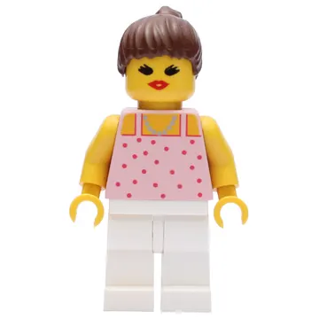 Woman, Pink Top with Spots, White Legs, Brown Hair - Open Mouth