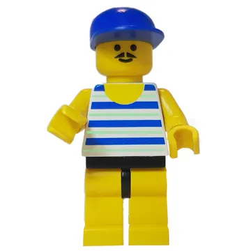 Man Blue and White Striped Swimsuit, Blue Cap, Moustache