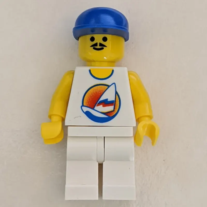 Man, White Tank Top with Windsurfer, White Legs, Blue Cap, Moustache