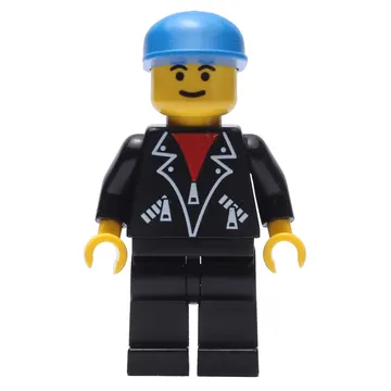 Man, Open Black Jacket over Red Shirt, Black Legs, Blue Cap
