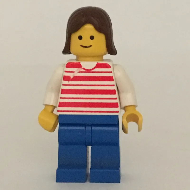 Woman, Red and White Striped Shirt, Blue Legs, Brown Hair