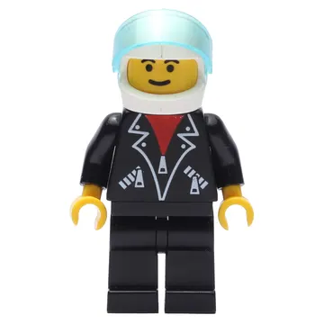 Man, Open Black Jacket over Red Shirt, Black Legs, Helmet and Visor